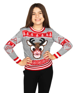 Girls Sequin Rudolph LED Sweater